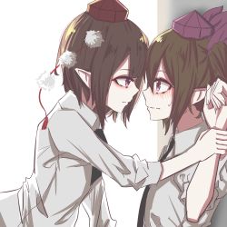 Rule 34 | 2girls, aie, bad id, bad pixiv id, black hair, blush, brown hair, collared shirt, face-to-face, hat, himekaidou hatate, holding another&#039;s wrist, kabedon, looking at another, multiple girls, necktie, pointy ears, pom pom (clothes), purple eyes, purple hat, red eyes, red hat, shameimaru aya, shirt, sweat, tokin hat, touhou, twintails, wavy mouth, white shirt, yuri