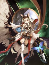 Rule 34 | 1girl, blue eyes, breasts, butterfly wings, dress, eruthika, fantasy, highres, holding, holding polearm, holding spear, holding weapon, insect wings, long hair, looking at viewer, mirror, navel, original, outstretched arm, parted lips, polearm, small breasts, smile, solo, spear, thighhighs, veil, weapon, white dress, white hair, white thighhighs, wings