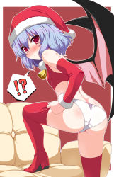 Rule 34 | 1girl, absurdres, ass, bat wings, bell, blue hair, blush, boots, busuneko, detached sleeves, female focus, highres, looking back, no pants, panties, red eyes, remilia scarlet, santa costume, solo, thigh boots, thighhighs, touhou, underwear, wings