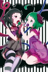 Rule 34 | 2girls, :o, ahoge, alternate costume, animal ears, artist name, asymmetrical wings, black hair, blush, bow, bow panties, choker, covered navel, dress, eating, feeding, frills, gem, green eyes, green hair, highres, holding, houjuu nue, huge ahoge, kasodani kyouko, lace, lace-trimmed dress, lace-trimmed panties, lace trim, looking at another, mouth hold, multiple girls, namauni, nightgown, open mouth, panties, pointy ears, red eyes, ribbon-trimmed clothes, ribbon trim, scrunchie, see-through, seiza, short hair, side-tie panties, sitting, sleeveless, striped background, striped clothes, striped legwear, striped thighhighs, tail, text focus, thighhighs, tongue, touhou, underwear, vertical-striped clothes, vertical-striped legwear, vertical-striped thighhighs, wings, wrist scrunchie