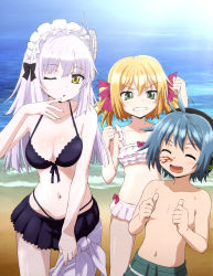 Rule 34 | 10s, 1boy, 2girls, :d, ;o, ^ ^, absurdres, android, angry, bare arms, bare legs, bare shoulders, beach, bikini, bikini skirt, black bikini, blonde hair, blood, blue hair, blush, breasts, cleavage, clenched hands, clenched teeth, clockwork planet, closed eyes, cog hair ornament, collarbone, cyborg, double thumbs up, flat chest, gears, green eyes, hair ornament, happy, headphones, highres, legs, long hair, looking at another, looking at viewer, marie bell breguet, medium breasts, midriff, miura naoto, multiple girls, navel, neck, nosebleed, ocean, official art, one eye closed, open mouth, ryuzu (clockwork planet), sand, sarong, short hair, skirt, smile, standing, swimsuit, teeth, thumbs up, twintails, white bikini, white hair, wince, yellow eyes