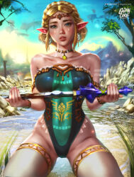 Rule 34 | 1girl, absurdres, bare shoulders, blonde hair, braid, breasts, circlet, crown braid, earrings, green eyes, highleg, highleg leotard, highres, holding, holding weapon, jewelry, kneeling, large breasts, leotard, lips, logan cure, looking at viewer, necklace, nintendo, paid reward available, pointy ears, princess zelda, solo, strapless, strapless leotard, teardrop facial mark, the legend of zelda, the legend of zelda: tears of the kingdom, thighhighs, watermark, weapon, white thighhighs