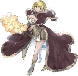 Rule 34 | 1girl, blonde hair, breasts, brooch, brown cape, brown dress, brown gloves, cape, cleavage, closed mouth, commentary request, double bun, dress, full body, fur-trimmed cape, fur-trimmed gloves, fur trim, gloves, hair bun, head tilt, high heels, high wizard (ragnarok online), holding, holding wand, jewelry, kathryne keyron, lala (sputnik), large breasts, looking at viewer, ragnarok online, red eyes, short dress, short hair, sidelocks, simple background, smile, solo, standing, two-tone dress, walking, wand, white background, white dress, white footwear
