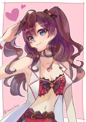 Rule 34 | 10s, 1girl, :3, bad id, bad twitter id, bandeau, bare shoulders, black bow, blue eyes, bow, breasts, brown hair, choker, cleavage, hair bow, heart, heart necklace, ichinose shiki, idolmaster, idolmaster cinderella girls, idolmaster cinderella girls starlight stage, ineshumi, jewelry, long hair, midriff, navel, necklace, open clothes, sleeveless, solo, twitter username, two side up, wrist cuffs