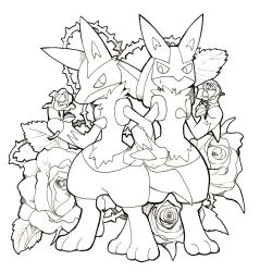 Rule 34 | 2boys, animal ears, animal feet, animal hands, body fur, closed mouth, creatures (company), eye contact, flower, full body, furry, furry male, furry with furry, game freak, gen 4 pokemon, greyscale, hand up, highres, holding, holding flower, izumi asuka, lineart, locked arms, looking at another, looking to the side, lucario, male focus, monochrome, multiple boys, nintendo, open mouth, pokemon, pokemon (creature), rose, snout, spikes, standing, sweat, tail, thorns, wolf boy, wolf ears, wolf tail, yaoi