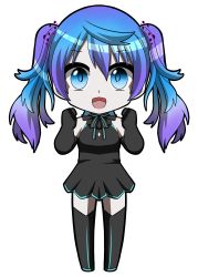 Rule 34 | 1girl, absurdres, alternate costume, alternate hair length, alternate hairstyle, bare shoulders, black dress, black gloves, black hair, black ribbon, blue eyes, blue hair, chibi, commentary request, dress, elbow gloves, full body, gloves, gradient hair, hatsune miku, highres, koro koro0606, looking at viewer, multicolored hair, neck ribbon, open mouth, pale skin, pleated dress, purple hair, ribbon, simple background, sleeveless, sleeveless dress, smile, solo, thighhighs, twintails, vocaloid, white background