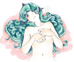 Rule 34 | 1girl, ?, animal ears, areola slip, brown eyes, collarbone, covering privates, covering breasts, curly hair, flat chest, green hair, green nails, head tilt, highres, horns, komano aunn, long hair, looking at viewer, lying, nail polish, navel, nude, on back, pale skin, parted lips, shiratama (irodoli), single horn, smile, solo, spoken question mark, touhou, twitter username, upper body, very long hair