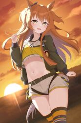 Rule 34 | 1girl, :d, absurdres, anima miko, animal ears, black jacket, brown hair, commentary request, cowboy shot, crop top, highres, horse ears, jacket, long hair, long sleeves, looking at viewer, mayano top gun (umamusume), midriff, navel, open mouth, orange sky, outdoors, shirt, short shorts, shorts, sky, smile, solo, standing, stomach, sunset, thighhighs, thighs, two side up, umamusume, very long hair, white shorts, yellow eyes, yellow shirt