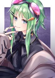 Rule 34 | 1girl, bad id, bad twitter id, black dress, carrot hair ornament, coat, collar, commentary, dress, earrings, finger to mouth, food-themed hair ornament, goggles, goggles on head, green eyes, green hair, gumi, hair ornament, highres, jewelry, lips, looking at viewer, nail polish, off-shoulder coat, off shoulder, pink hair, red goggles, short hair with long locks, sidelocks, smile, solo, sparkle, upper body, vocaloid, yuyuyu 1011
