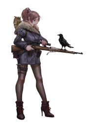 Rule 34 | 1girl, absurdres, animal, animal on shoulder, belt pouch, bird, bird on shoulder, blue coat, bolt action, boots, brown eyes, brown footwear, brown hair, brown pantyhose, bullet, check weapon, coat, crow, eye contact, full body, fur trim, gun, hair bobbles, hair ornament, high heel boots, high heels, highres, holding, holding gun, holding weapon, holster, knife, long sleeves, looking at another, mauser 98, medium hair, original, owl, pantyhose, parted lips, ponytail, pouch, profile, rifle, scope, sheath, sheathed, short hair, simple background, sniper rifle, solo, standing, thigh strap, weapon, weapon request, white background, xue qi ye (dndtmbdue)