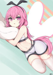 Rule 34 | 1girl, absurdres, animal ears, bare arms, bare shoulders, black hairband, boyshort panties, bra, commentary, fake animal ears, feet out of frame, hair between eyes, hairband, highres, long hair, looking at viewer, lying, navel, hugging object, on side, original, parted lips, pillow, pillow hug, pink hair, purple eyes, rabbit ears, sato art, solo, thighhighs, underwear, underwear only, very long hair, white bra, white thighhighs