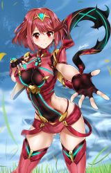 Rule 34 | 1girl, absurdres, blush, breasts, covered navel, day, dimples of venus, earrings, field, fingerless gloves, framed breasts, gloves, hair ornament, highres, jewelry, large breasts, looking at viewer, nez-box, nintendo, outdoors, pantyhose, pyra (xenoblade), red eyes, red hair, short hair, short shorts, shorts, sidelocks, smile, solo, swept bangs, tiara, underbust, xenoblade chronicles (series), xenoblade chronicles 2