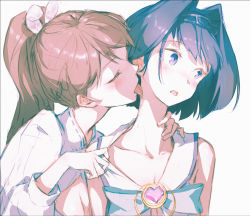 Rule 34 | 2girls, absurdres, bad id, bad twitter id, blush, brown hair, chain, chain headband, closed eyes, collarbone, dino (dinoartforame), highres, hololive, hololive english, licking, licking another&#039;s neck, long hair, multiple girls, nanashi mumei, open mouth, ouro kronii, ponytail, short hair, tongue, tongue out, virtual youtuber, yuri