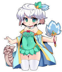 Rule 34 | 1girl, aisha (sennen sensou aigis), blush, commentary request, covered navel, cropped legs, detached sleeves, feather fan, green eyes, hair ornament, looking at viewer, nemui (nemui), off shoulder, sennen sensou aigis, simple background, solo, thighhighs, white background, white hair, white thighhighs
