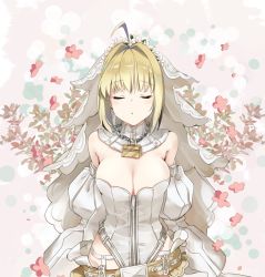 Rule 34 | 1girl, ahoge, arm warmers, belt, belt buckle, blonde hair, blush, breasts, bridal veil, bride, buckle, chain, cleavage, closed eyes, collar, commentary request, fate/grand order, fate (series), garter straps, hair intakes, incoming kiss, large breasts, leotard, lock, naruse chisato, nero claudius (bride) (fate), nero claudius (bride) (second ascension) (fate), nero claudius (fate), nero claudius (fate) (all), parted lips, petals, short hair, sidelocks, solo, veil, white leotard