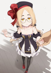 Rule 34 | 1boy, 1girl, beret, black bow, black dress, black headwear, black pantyhose, blonde hair, bow, closed mouth, commentary request, doll joints, dress, frilled dress, frills, glasses, hair bow, hat, highres, holding hands, iberis (ogami kazuki), joints, long hair, low twintails, off-shoulder dress, off shoulder, ogami kazuki, orange eyes, original, pantyhose, parted bangs, red bow, red footwear, round eyewear, shoes, short sleeves, smile, solo focus, striped, striped bow, twintails, very long hair