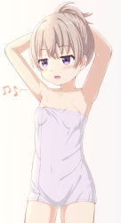 Rule 34 | 1girl, armpits, arms behind head, arms up, bare arms, bare shoulders, beamed eighth notes, blush, breasts, brown hair, collarbone, commentary request, covered navel, cowboy shot, eighth note, fang, female focus, gradient background, grey background, hair between eyes, highres, looking at viewer, looking away, musical note, naked towel, open mouth, ponytail, purple eyes, slow loop, small breasts, solo, standing, takasuma hiro, towel, upper body, yoshinaga koi