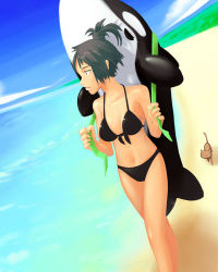 Rule 34 | 1girl, artist request, beach, bikini, black bikini, black hair, carrying, cat, day, inflatable toy, lowres, outdoors, solo, source request, swimsuit, walking