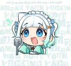 Rule 34 | 1girl, :d, aqua dress, blue eyes, chibi, dress, english text, highres, indie virtual youtuber, limp bizkit, lyrics, maid, maid headdress, medium hair, microphone, mint fantome, moon ldl, open mouth, profanity, sleeves past fingers, sleeves past wrists, smile, solo, triangular headpiece, two side up, upper body, virtual youtuber, white background, white hair