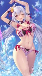 Rule 34 | 1girl, :d, ahoge, arm strap, armpits, arms up, artist name, bikini, blue sky, breasts, bubble, cleavage, cloud, cloudy sky, commentary, emanon123, english commentary, floating hair, flower, front-tie top, grey hair, hair flower, hair ornament, highres, large breasts, long hair, matoi (pso2), navel, one eye closed, open mouth, phantasy star, phantasy star online 2, red eyes, ribbon trim, side-tie bikini bottom, sky, smile, solo, standing, standing on one leg, stomach, swimsuit, teeth, thighs, twintails, upper teeth only, water, wrist cuffs