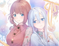 2girls balloon blue_eyes blue_hair blush breasts brown_hair closed_mouth collared_shirt floral_background floral_print flower hair_between_eyes highres jewelry long_hair mochizuki_honami multiple_girls necklace pink_shirt project_sekai ribbon sami_kura shirt smile upper_body yoisaki_kanade