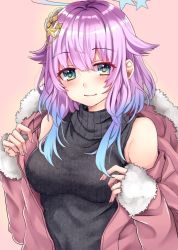 Rule 34 | 1girl, bare shoulders, black sweater, blue eyes, blue hair, blush, breasts, fur trim, gradient hair, hair ornament, halo, hamu (plot sy), highres, jacket, long hair, luca (shironeko project), medium breasts, multicolored hair, off shoulder, open clothes, open jacket, pink jacket, purple hair, shironeko project, sleeveless, sleeveless turtleneck, smile, solo, star-shaped pupils, star (symbol), star hair ornament, sweater, symbol-shaped pupils, turtleneck, turtleneck sweater, upper body