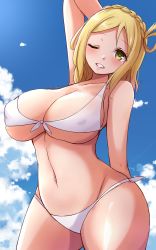 Rule 34 | 10s, 1girl, arm behind back, arm behind head, arm up, bikini, blonde hair, blush, braid, breasts, cloud, covered erect nipples, crown braid, day, heart, heart-shaped pupils, highres, huge breasts, looking at viewer, love live!, love live! sunshine!!, mistynight, navel, ohara mari, one eye closed, outdoors, parted lips, short hair, sky, solo, standing, swimsuit, symbol-shaped pupils, white bikini, wide hips, wink, yellow eyes