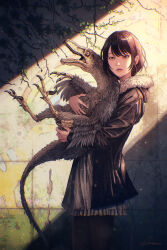 Rule 34 | 1girl, absurdres, animal, black thighhighs, brown eyes, brown hair, claws, commentary, cowboy shot, dinosaur, dress, english text, expressionless, feathered dinosaur, feathered wings, fur-trimmed jacket, fur trim, graffiti, grey dress, highres, hiromumaru, holding, holding animal, hood, hood down, hooded jacket, jacket, light particles, looking at viewer, open clothes, open jacket, open mouth, original, parted lips, plant, prehistoric animal, rainbow, sharp teeth, short hair, signature, solo, standing, swept bangs, talons, teeth, thighhighs, tile wall, tiles, tongue, velociraptor, vines, wings