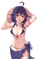 Rule 34 | 10s, 1girl, ahoge, armpits, arms up, bikini, blush, breasts, cai geng, cleavage, collarbone, commentary request, cowboy shot, front-tie top, gluteal fold, hair flaps, hat, highres, kantai collection, medium breasts, navel, open mouth, purple hair, red eyes, sarong, see-through, simple background, solo, standing, stomach, swimsuit, taigei (kancolle), white background, white bikini