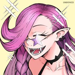 Rule 34 | 1girl, bare shoulders, black choker, black shirt, black wings, boots, braid, braided ponytail, choker, commentary, commission, dahila (heal &amp; squeeze), english commentary, hair over one eye, heal &amp; squeeze, highres, indio weeaboo, long hair, mask, pink hair, red eyes, sharp teeth, shirt, simple background, sparkle, star-shaped eyewear, star (symbol), teeth, twitter username, upper body, vampire, wings, yakunitatsu node chi o kudasai, yellow background