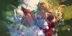 Rule 34 | 1girl, animal, artist name, bare shoulders, bird, bird on hand, blonde hair, breasts, brown eyes, cleavage, closed mouth, commentary request, copyright request, day, detached sleeves, dress, flower, grass, highres, long hair, lying, medium breasts, on side, outdoors, pillar, short sleeves, solo, strapless, strapless dress, swd3e2, very long hair, white dress, white flower, wide sleeves