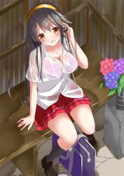 Rule 34 | :d, alternate costume, bag, black footwear, black hair, bra, bralines, breasts, brown eyes, cleavage, from above, hair ornament, hairband, hairclip, haruna (kancolle), kantai collection, kneehighs, large breasts, loafers, long hair, looking at viewer, open mouth, pink bra, pleated skirt, red skirt, school bag, school uniform, see-through, shirt, shoes, sitting, skirt, smile, socks, solo, tetranono, underwear, wet, wet clothes, wet shirt, white shirt, yellow hairband