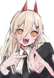Rule 34 | 1girl, blonde hair, chainsaw man, collared shirt, demon horns, double v, fangs, hair between eyes, highres, horns, iq033, jacket, long hair, looking at viewer, necktie, open mouth, power (chainsaw man), red horns, ringed eyes, shirt, sketch, smile, solo, symbol-shaped pupils, teeth, upper body, v, yellow eyes