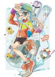 Rule 34 | 1girl, :d, aqua eyes, arm up, backwards hat, bag, baseball cap, black shorts, blue hair, blunt bangs, blush, border, commentary request, commission, confetti, corrupted twitter file, e-liter 4k (splatoon), fangs, gradient hair, green background, grey background, grey hair, hand up, hat, highres, inkling, inkling girl, inkling player character, jacket, long hair, long sleeves, looking at viewer, multicolored clothes, multicolored hair, multicolored hat, multicolored jacket, nintendo, open mouth, orange footwear, orange jacket, outside border, p-pepper, paint, pointy ears, purple background, shoelaces, shoes, short eyebrows, short shorts, shorts, sidelocks, simple background, smallfry (splatoon), smile, sneakers, solo, sparkle, splatoon (series), sticker, tentacle hair, weapon, weapon bag, weapon on back, white border, white footwear, zipper, zipper pull tab