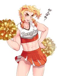 Rule 34 | 1boy, blonde hair, cheerleader, crop top, demon slayer uniform, forehead, forked eyebrows, highres, holding, holding pom poms, kimetsu no yaiba, male focus, marotoskin, midriff, multicolored hair, navel, open mouth, orange eyes, pom pom (cheerleading), pom poms, ponytail, protected link, red hair, rengoku kyoujurou, smile, solo, stomach, trap, two-tone hair, white background
