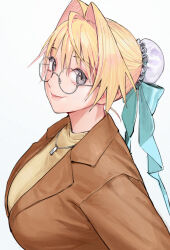 Rule 34 | 1girl, blonde hair, brown coat, closed mouth, coat, conto, glasses, grey eyes, hair intakes, jewelry, lips, long hair, long sleeves, necklace, original, round eyewear, shirt, simple background, smile, solo, upper body, white background, yellow shirt