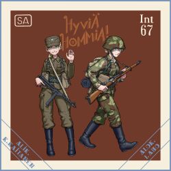 Rule 34 | 2girls, absurdres, ammunition pouch, backpack, bag, bedroll, black footwear, blonde hair, blue eyes, blush, bolt action, boots, breast pocket, breasts, buttons, camouflage, camouflage headwear, camouflage jacket, camouflage pants, character name, chevron (symbol), chin strap, collarbone, combat helmet, commentary, entrenching tool, field cap, finland, finnish army, finnish text, full body, green eyes, gun, gun sling, hair bun, hand up, hat, helmet, highres, holding, holding gun, holding weapon, inka aho, insignia, jacket, krista kaitanen, load bearing equipment, long hair, long sleeves, looking at viewer, magazine (weapon), military, military rank insignia, military uniform, multiple girls, ostwindprojekt, pants, pocket, ponytail, pouch, rifle, roundel, seno lepo, smile, soldier, submachine gun, sweat, sweatdrop, translation request, trigger discipline, uniform, walking, waving, weapon, weapon request, woodland camouflage