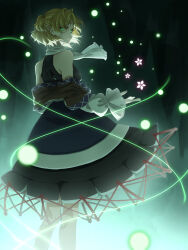 Rule 34 | 1girl, aura, black background, black dress, blonde hair, breasts, brown shirt, closed mouth, commentary, dress, energy ball, expressionless, feet out of frame, flower, from behind, green eyes, half updo, highres, ihsayah hayashi, layered sleeves, long sleeves, looking at viewer, looking back, medium bangs, medium breasts, mizuhashi parsee, pointy ears, scarf, shirt, short hair, short over long sleeves, short ponytail, short sleeves, sleeveless, sleeveless dress, solo, standing, touhou, white scarf