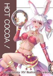 Rule 34 | 1girl, absurdres, animal ears, bandeau, bare shoulders, bow, breasts, chakram, choker, cocoasabure, cover, cover page, dancer (final fantasy), dark-skinned female, dark skin, detached sleeves, english text, fang, final fantasy, final fantasy xiv, hair bow, highres, holding, holding weapon, jewelry, looking at viewer, medium breasts, open mouth, rabbit ears, red eyes, short hair, silver hair, smile, solo, viera, warrior of light (ff14), weapon