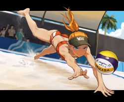 Rule 34 | 2girls, 3boys, artist name, ball, beach, beach volleyball, bikini, black headwear, blue eyes, breasts, closed mouth, cloud, commentary request, day, foreshortening, full body, hair tie, highres, jumping, kongou b, leg up, letterboxed, long hair, looking away, mikasa sports, multiple boys, multiple girls, orange hair, original, outdoors, outside border, outstretched arms, palm tree, ponytail, red bikini, sand, shade, small breasts, solo focus, sports bikini, sunlight, swimsuit, toned, tree, visor cap, volleyball, volleyball (object)