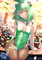 Rule 34 | 1girl, absurdres, animal ears, bad id, bad pixiv id, bare shoulders, bow, bowtie, breasts, covered navel, detached collar, double bun, fishnet pantyhose, fishnets, green hair, green nails, grin, hair bun, hair ornament, highres, hololive, huge filesize, leotard, nail polish, pantyhose, playboy bunny, poker chip, rabbit ears, rushian, sitting, small breasts, smile, solo, uruha rushia, virtual youtuber, wrist cuffs