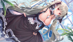 Rule 34 | 1girl, absurdres, azur lane, bare shoulders, between breasts, black dress, blush, breasts, cleavage, collarbone, detached collar, dress, earrings, formidable (azur lane), frilled dress, frills, grey hair, hair ribbon, highres, huge filesize, jewelry, large breasts, long hair, looking at viewer, open mouth, red eyes, ribbon, shanguier, solo, twintails, two-tone dress, two-tone ribbon, underbust, very long hair, window