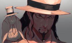 Rule 34 | 1boy, angry, animal, animal on shoulder, artist name, bird, bird on shoulder, black hair, closed mouth, facial hair, goatee, hat, hattori (one piece), highres, ibuo (ibukht1015), long hair, male focus, necktie, one piece, pigeon, rob lucci, top hat, white bird, yellow eyes