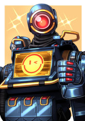 Rule 34 | 1boy, absurdres, apex legends, highres, humanoid robot, mecha, pathfinder (apex legends), robot, science fiction, screen, silverchariotx, simple background, smile, sparkle, thumbs up, yellow background