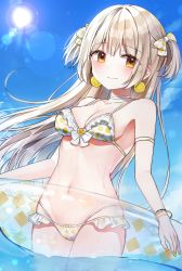 Rule 34 | 1girl, absurdres, bare shoulders, bikini, blue sky, bow, breasts, brown eyes, brown hair, choker, cleavage, closed mouth, cloud, collarbone, commentary, day, eyes visible through hair, frilled bikini, frills, hair bow, highleg, highleg bikini, highres, innertube, lemon print, long hair, looking at viewer, medium breasts, moka 01, navel, original, outdoors, print bikini, sky, smile, solo, swim ring, swimsuit, symbol-only commentary, transparent, two side up, very long hair, white bikini, white bow, white choker