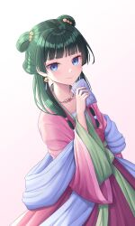 Rule 34 | 1girl, absurdres, blue eyes, chinese clothes, closed mouth, dress, earrings, green eyes, harem outfit, highres, holding, jewelry, kusuriya no hitorigoto, light blush, lipstick, long sleeves, looking at viewer, makeup, maomao (kusuriya no hitorigoto), multicolored clothes, multicolored dress, multicolored eyes, purple eyes, seungju lee, simple background, smile, solo, wide sleeves