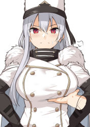 Rule 34 | 1girl, azur lane, blush, grabbing another&#039;s breast, breasts, buttons, closed mouth, coat, coat dress, disembodied hand, double-breasted, frown, fur-trimmed coat, fur trim, grabbing, hair between eyes, hands on own hips, hat, high collar, large breasts, long hair, long sleeves, looking at viewer, male hand, military hat, red eyes, shiseki hirame, silver hair, simple background, solo focus, sovetskaya rossiya (azur lane), white background, white coat, white headwear