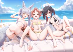 Rule 34 | 3girls, absurdres, animal ear fluff, animal ears, asanagi (azur lane), asanagi (lulled by rough seas) (azur lane), ass, azur lane, barefoot, bikini, black bikini, black hair, blue sky, breasts, cloud, cloudy sky, colored inner hair, couch, fangs, flat chest, fox ears, fox girl, fox tail, grin, hair ribbon, hatsuzuki (august&#039;s first romance) (azur lane), hatsuzuki (azur lane), highres, hikimayu, horns, jacket, long hair, looking at viewer, multicolored hair, multiple girls, natori (azur lane), natori (beach paradise) (azur lane), navel, official alternate costume, ok sign, on couch, open mouth, outdoors, pillow, pointing, pointing at self, pointy ears, qian hen, red eyes, red hair, ribbon, sky, small breasts, smile, spread legs, stirrup legwear, stomach, swimsuit, tail, toeless legwear, toes, twintails, v, water, white bikini, white hair, white jacket, white ribbon, yellow eyes