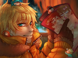 Rule 34 | 4boys, aishishi, black hair, blonde hair, blue eyes, butters stotch, clothes, craig tucker, gloves, indoors, jacket, kenny mccormick, looking at viewer, magazine (object), male focus, multiple boys, night, short hair, smile, south park, stan marsh, teeth, window