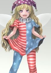 Rule 34 | 1girl, american flag dress, american flag legwear, blonde hair, blush, clothes lift, clownpiece, collar, dress, dress lift, fairy wings, frilled collar, frilled shirt collar, frills, hat, highres, ichiba youichi, jester cap, lifted by self, long hair, looking at viewer, neck ruff, open mouth, pantyhose, pink eyes, polka dot, shirt, shirt lift, short sleeves, solo, standing, star (symbol), striped clothes, striped dress, teeth, touhou, very long hair, wings